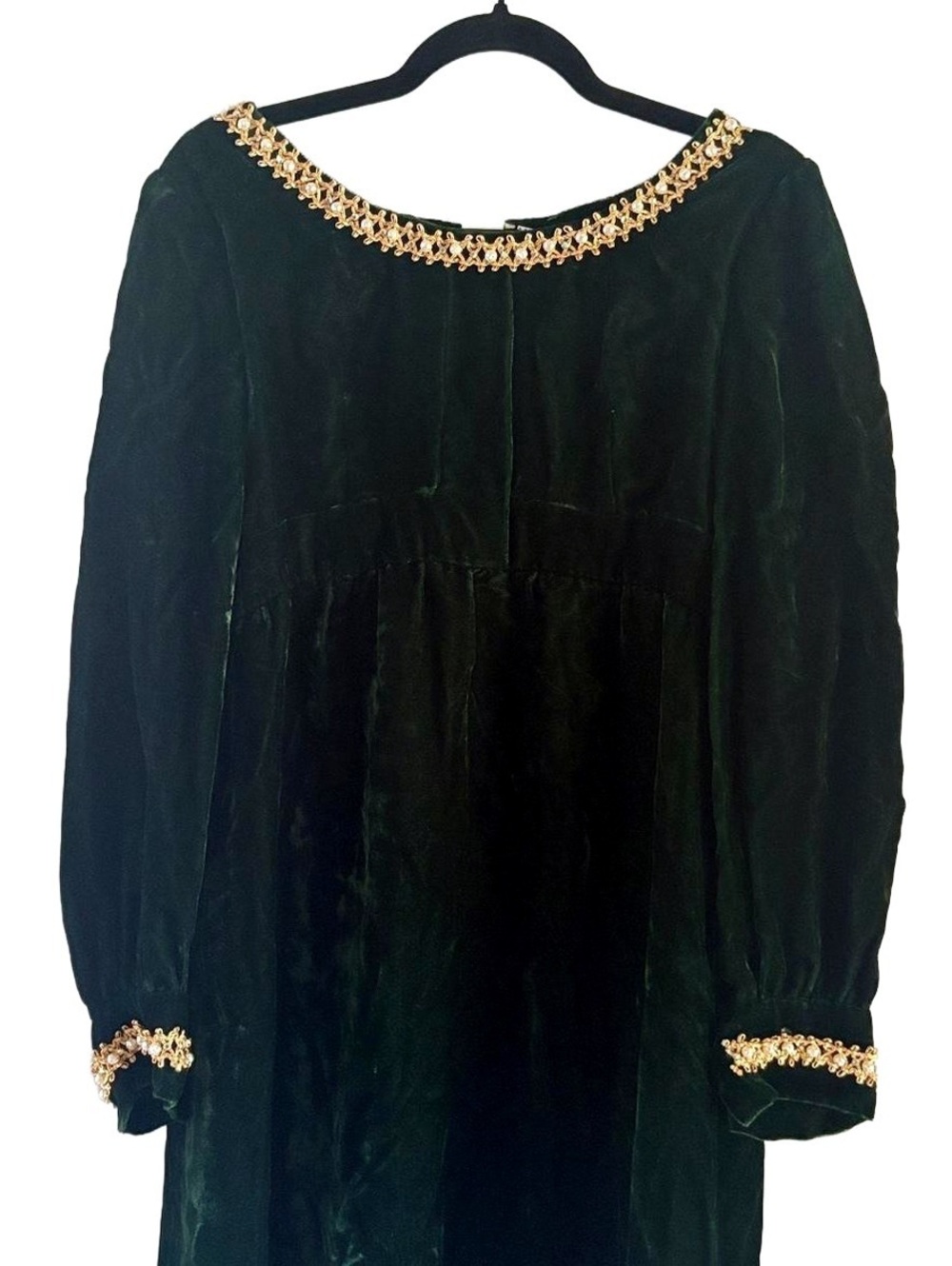 Vintage Dark Green Velvet Dress with Gold Embellishments